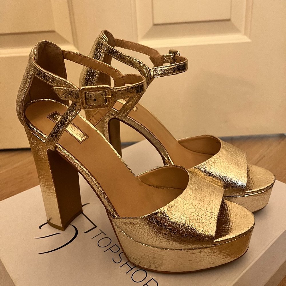 Gold Ankle Strap Platform Heels Topshop Size 8.5